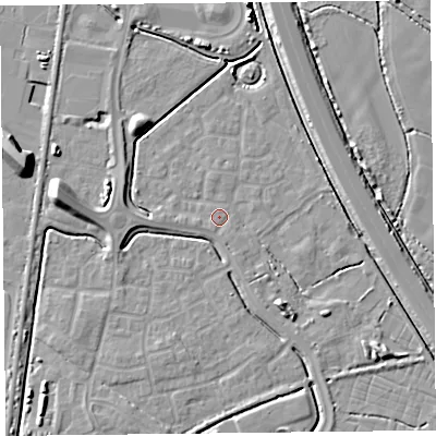 Shaded relief map of the ground around TA64FQ, computed from Environment Agency LiDAR. The ground here sits at about 7 m above sea level and falls 10 m across the surrounding 800 m. Surface water reaching this point runs off ground lying to the south, 0.6 m higher.