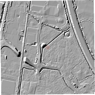 Shaded relief map of the ground around TA64FR, computed from Environment Agency LiDAR. The ground here sits at about 6 m above sea level and falls 10 m across the surrounding 800 m. Surface water reaching this point runs off ground lying to the west-north-west, 5.7 m higher.