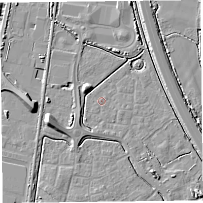 Shaded relief map of the ground around TA64FS, computed from Environment Agency LiDAR. The ground here sits at about 7 m above sea level and falls 10 m across the surrounding 800 m. Surface water reaching this point runs off ground lying to the south-west, 4.0 m higher.