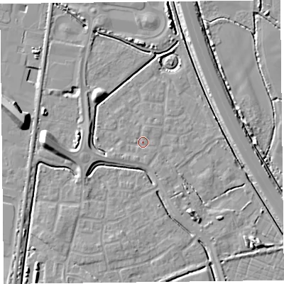 Shaded relief map of the ground around TA64FT, computed from Environment Agency LiDAR. The ground here sits at about 6 m above sea level and falls 10 m across the surrounding 800 m. Surface water reaching this point runs off ground lying to the south-west, 1.1 m higher.