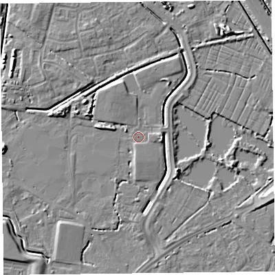 Shaded relief map of the ground around TA64FU, computed from Environment Agency LiDAR. The ground here sits at about 6 m above sea level and falls 5 m across the surrounding 800 m. Surface water reaching this point runs off ground lying to the west-north-west, 4.8 m higher.