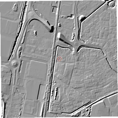 Shaded relief map of the ground around TA64FW, computed from Environment Agency LiDAR. The ground here sits at about 6 m above sea level and falls 10 m across the surrounding 800 m. Surface water reaching this point runs off ground lying to the north, 7.6 m higher.