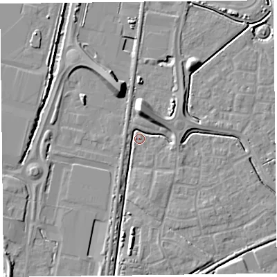 Shaded relief map of the ground around TA64FX, computed from Environment Agency LiDAR. The ground here sits at about 7 m above sea level and falls 10 m across the surrounding 800 m. Surface water reaching this point runs off ground lying to the north, 7.6 m higher.