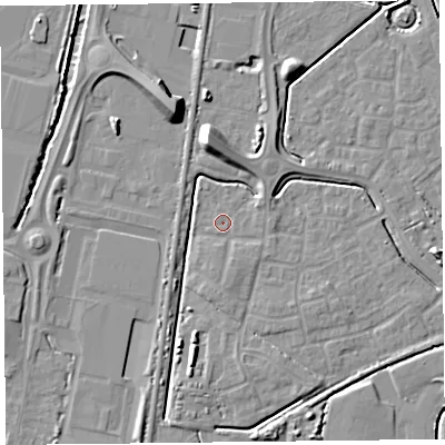 Shaded relief map of the ground around TA64FY, computed from Environment Agency LiDAR. The ground here sits at about 6 m above sea level and falls 10 m across the surrounding 800 m. Surface water reaching this point runs off ground lying to the south-south-east, 1.4 m higher.