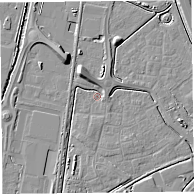 Shaded relief map of the ground around TA64FZ, computed from Environment Agency LiDAR. The ground here sits at about 6 m above sea level and falls 10 m across the surrounding 800 m. Surface water reaching this point runs off ground lying to the north-north-west, 5.1 m higher.