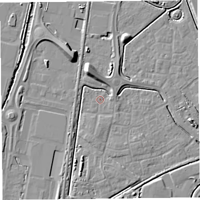 Shaded relief map of the ground around TA64GA, computed from Environment Agency LiDAR. The ground here sits at about 6 m above sea level and falls 10 m across the surrounding 800 m. Surface water reaching this point runs off ground lying to the south, 1.4 m higher.