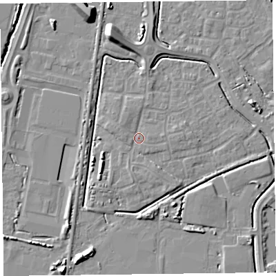 Shaded relief map of the ground around TA64GB, computed from Environment Agency LiDAR. The ground here sits at about 7 m above sea level and falls 10 m across the surrounding 800 m. Surface water reaching this point runs off ground lying to the north-west, 1.2 m higher.