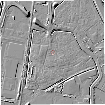 Shaded relief map of the ground around TA64GD, computed from Environment Agency LiDAR. The ground here sits at about 7 m above sea level and falls 10 m across the surrounding 800 m. Surface water reaching this point runs off ground lying to the west-north-west, 0.8 m higher.