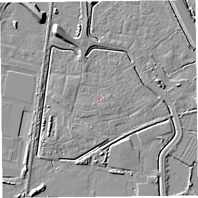 Shaded relief map of the ground around TA64GE, computed from Environment Agency LiDAR. The ground here sits at about 7 m above sea level and falls 10 m across the surrounding 800 m. Surface water reaching this point runs off ground lying to the east-south-east, 0.9 m higher.