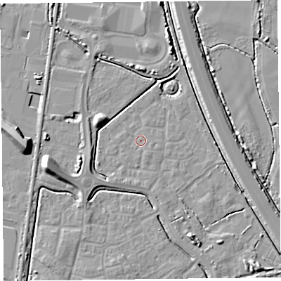 Shaded relief map of the ground around TA64GF, computed from Environment Agency LiDAR. The ground here sits at about 6 m above sea level and falls 10 m across the surrounding 800 m. Surface water reaching this point runs off ground lying to the south-south-east, 1.0 m higher.