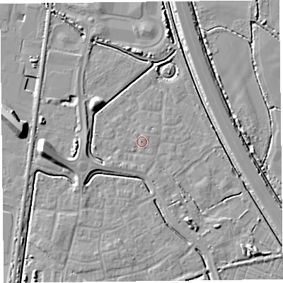Shaded relief map of the ground around TA64GG, computed from Environment Agency LiDAR. The ground here sits at about 7 m above sea level and falls 10 m across the surrounding 800 m. Surface water reaching this point runs off ground lying to the north-east, 1.0 m higher.