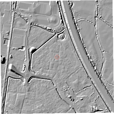 Shaded relief map of the ground around TA64GH, computed from Environment Agency LiDAR. The ground here sits at about 7 m above sea level and falls 10 m across the surrounding 800 m. Surface water reaching this point runs off ground lying to the south, 0.8 m higher.
