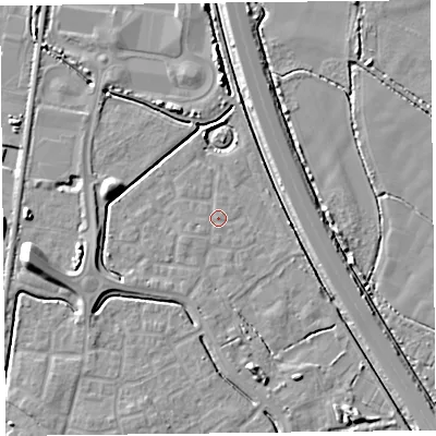 Shaded relief map of the ground around TA64GJ, computed from Environment Agency LiDAR. The ground here sits at about 7 m above sea level and falls 9 m across the surrounding 800 m. Surface water reaching this point runs off ground lying to the south-west, 0.8 m higher.