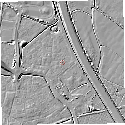 Shaded relief map of the ground around TA64GL, computed from Environment Agency LiDAR. The ground here sits at about 7 m above sea level and falls 8 m across the surrounding 800 m. Surface water reaching this point runs off ground lying to the east, 0.7 m higher.