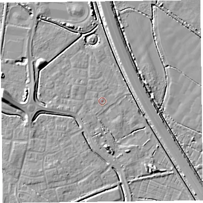 Shaded relief map of the ground around TA64GN, computed from Environment Agency LiDAR. The ground here sits at about 7 m above sea level and falls 9 m across the surrounding 800 m. The ground contributing surface water to this point lies to the north-north-east.