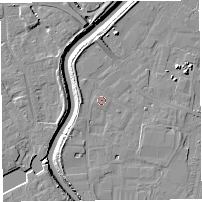 Shaded relief map of the ground around TA64GP, computed from Environment Agency LiDAR. The ground here sits at about 7 m above sea level and falls 10 m across the surrounding 800 m. Surface water reaching this point runs off ground lying to the west-north-west, 0.7 m higher.