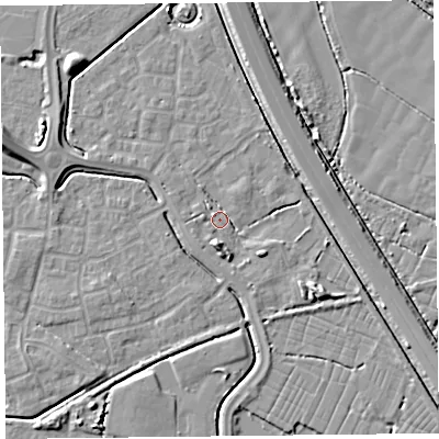 Shaded relief map of the ground around TA64GQ, computed from Environment Agency LiDAR. The ground here sits at about 6 m above sea level and falls 8 m across the surrounding 800 m. Surface water reaching this point runs off ground lying to the south, 4.4 m higher.