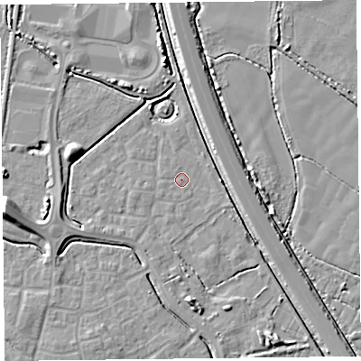Shaded relief map of the ground around TA64GR, computed from Environment Agency LiDAR. The ground here sits at about 6 m above sea level and falls 9 m across the surrounding 800 m. Surface water reaching this point runs off ground lying to the west-south-west, 0.7 m higher.