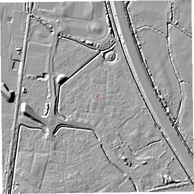 Shaded relief map of the ground around TA64GS, computed from Environment Agency LiDAR. The ground here sits at about 7 m above sea level and falls 10 m across the surrounding 800 m. Surface water reaching this point runs off ground lying to the north-north-west, 0.6 m higher.
