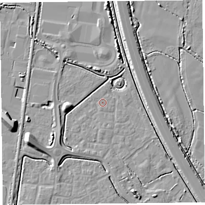 Shaded relief map of the ground around TA64GT, computed from Environment Agency LiDAR. The ground here sits at about 6 m above sea level and falls 10 m across the surrounding 800 m. Surface water reaching this point runs off ground lying to the north-east, 2.6 m higher.
