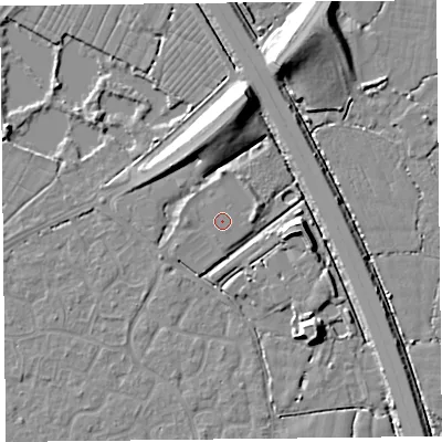 Shaded relief map of the ground around TA64GU, computed from Environment Agency LiDAR. The ground here sits at about 7 m above sea level and falls 11 m across the surrounding 800 m. The ground contributing surface water to this point lies to the east.