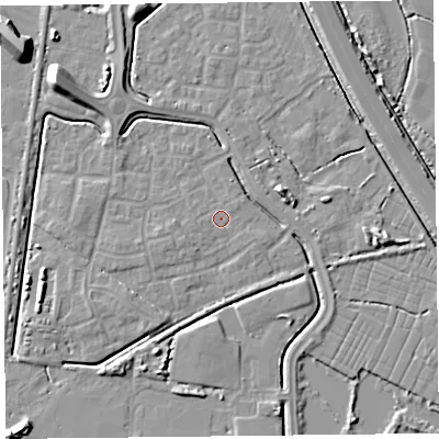 Shaded relief map of the ground around TA64GX, computed from Environment Agency LiDAR. The ground here sits at about 6 m above sea level and falls 10 m across the surrounding 800 m. Surface water reaching this point runs off ground lying to the north-east, 0.6 m higher.