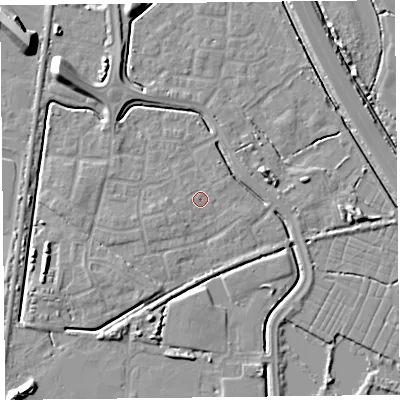 Shaded relief map of the ground around TA64GY, computed from Environment Agency LiDAR. The ground here sits at about 7 m above sea level and falls 10 m across the surrounding 800 m. The ground contributing surface water to this point lies to the west-south-west.