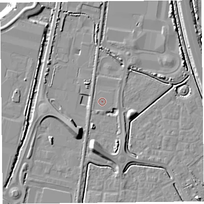 Shaded relief map of the ground around TA64GZ, computed from Environment Agency LiDAR. The ground here sits at about 7 m above sea level and falls 13 m across the surrounding 800 m. Surface water reaching this point runs off ground lying to the south-south-west, 4.2 m higher.