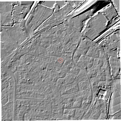 Shaded relief map of the ground around TA64HA, computed from Environment Agency LiDAR. The ground here sits at about 6 m above sea level and falls 9 m across the surrounding 800 m. Surface water reaching this point runs off ground lying to the north-west, 1.1 m higher.