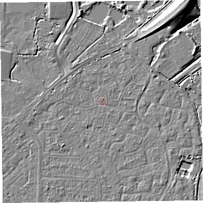 Shaded relief map of the ground around TA64HB, computed from Environment Agency LiDAR. The ground here sits at about 6 m above sea level and falls 10 m across the surrounding 800 m. Surface water reaching this point runs off ground lying to the north-north-east, 0.7 m higher.