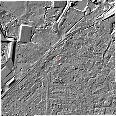 Shaded relief map of the ground around TA64HD, computed from Environment Agency LiDAR. The ground here sits at about 6 m above sea level and falls 7 m across the surrounding 800 m. Surface water reaching this point runs off ground lying to the north-west, 2.4 m higher.