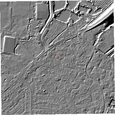 Shaded relief map of the ground around TA64HE, computed from Environment Agency LiDAR. The ground here sits at about 6 m above sea level and falls 10 m across the surrounding 800 m. Surface water reaching this point runs off ground lying to the west-north-west, 0.8 m higher.