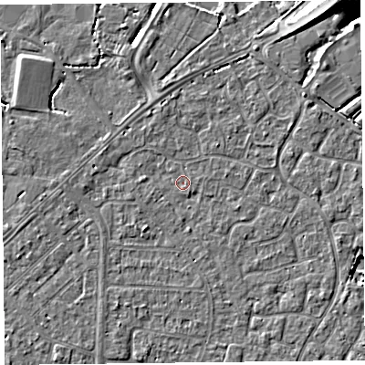 Shaded relief map of the ground around TA64HF, computed from Environment Agency LiDAR. The ground here sits at about 6 m above sea level and falls 8 m across the surrounding 800 m. The ground contributing surface water to this point lies to the south-east.