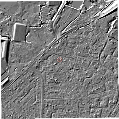 Shaded relief map of the ground around TA64HG, computed from Environment Agency LiDAR. The ground here sits at about 6 m above sea level and falls 8 m across the surrounding 800 m. Surface water reaching this point runs off ground lying to the north-west, 2.4 m higher.