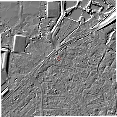 Shaded relief map of the ground around TA64HH, computed from Environment Agency LiDAR. The ground here sits at about 7 m above sea level and falls 8 m across the surrounding 800 m. The ground contributing surface water to this point lies to the west.