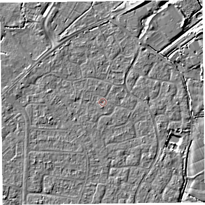 Shaded relief map of the ground around TA64HJ, computed from Environment Agency LiDAR. The ground here sits at about 6 m above sea level and falls 7 m across the surrounding 800 m. Surface water reaching this point runs off ground lying to the north-west, 1.1 m higher.
