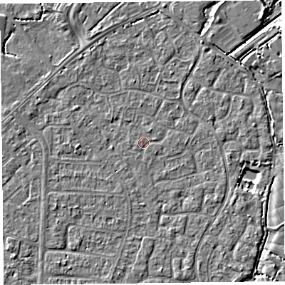 Shaded relief map of the ground around TA64HL, computed from Environment Agency LiDAR. The ground here sits at about 6 m above sea level and falls 4 m across the surrounding 800 m. The ground contributing surface water to this point lies to the west-south-west.