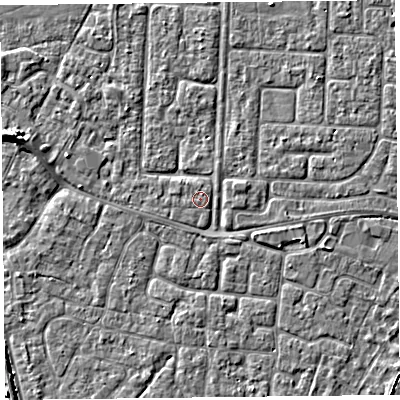 Shaded relief map of the ground around TA64HN, computed from Environment Agency LiDAR. The ground here sits at about 6 m above sea level and falls 5 m across the surrounding 800 m. Surface water reaching this point runs off ground lying to the north-west, 1.1 m higher.