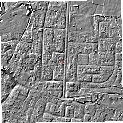 Shaded relief map of the ground around TA64HP, computed from Environment Agency LiDAR. The ground here sits at about 6 m above sea level and falls 4 m across the surrounding 800 m. Surface water reaching this point runs off ground lying to the south-south-east, 0.9 m higher.