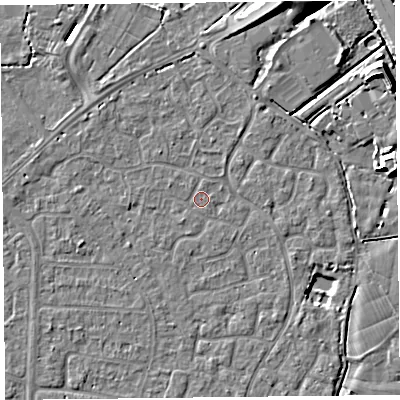 Shaded relief map of the ground around TA64HQ, computed from Environment Agency LiDAR. The ground here sits at about 6 m above sea level and falls 8 m across the surrounding 800 m. Surface water reaching this point runs off ground lying to the north-west, 1.1 m higher.