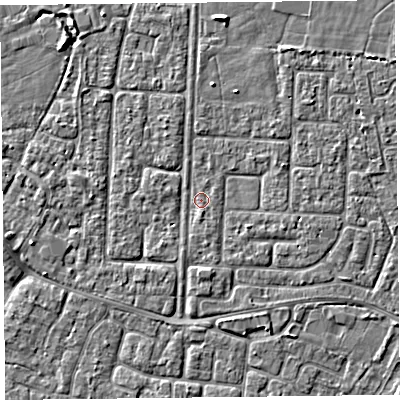 Shaded relief map of the ground around TA64HR, computed from Environment Agency LiDAR. The ground here sits at about 6 m above sea level and falls 2 m across the surrounding 800 m. Surface water reaching this point runs off ground lying to the south-south-west, 0.9 m higher.