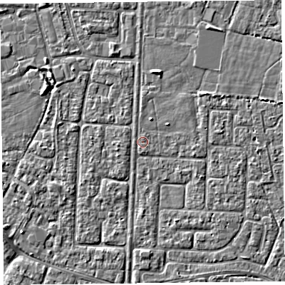 Shaded relief map of the ground around TA64HS, computed from Environment Agency LiDAR. The ground here sits at about 6 m above sea level and falls 2 m across the surrounding 800 m. Surface water reaching this point runs off ground lying to the west, 1.0 m higher.