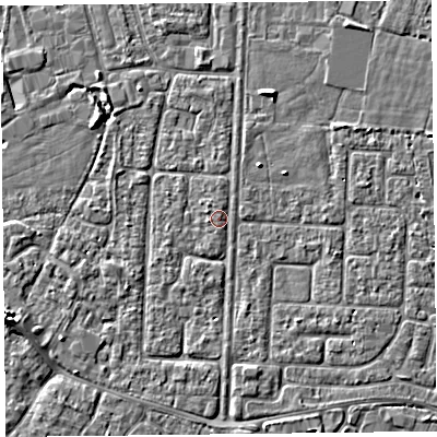 Shaded relief map of the ground around TA64HT, computed from Environment Agency LiDAR. The ground here sits at about 7 m above sea level and falls 4 m across the surrounding 800 m. Surface water reaching this point runs off ground lying to the north-west, 1.0 m higher.