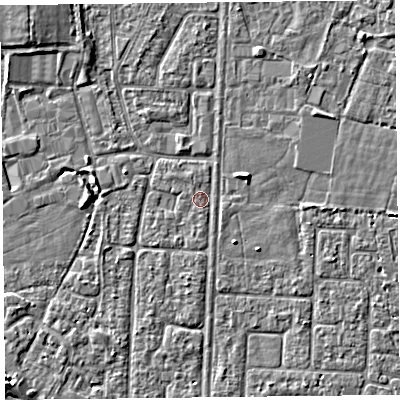 Shaded relief map of the ground around TA64HU, computed from Environment Agency LiDAR. The ground here sits at about 6 m above sea level and falls 4 m across the surrounding 800 m. Surface water reaching this point runs off ground lying to the south, 0.7 m higher.