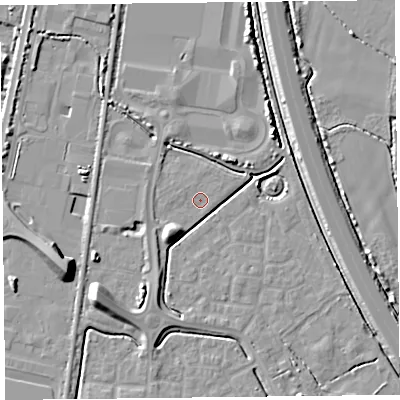 Shaded relief map of the ground around TA64HW, computed from Environment Agency LiDAR. The ground here sits at about 6 m above sea level and falls 10 m across the surrounding 800 m. Surface water reaching this point runs off ground lying to the south-west, 5.7 m higher.