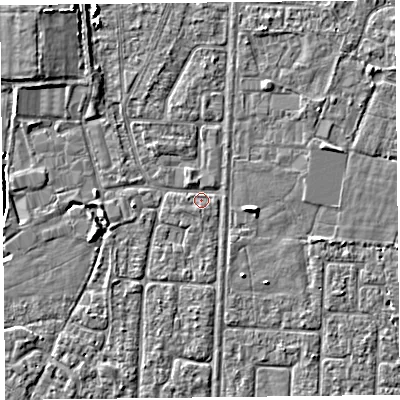 Shaded relief map of the ground around TA64HX, computed from Environment Agency LiDAR. The ground here sits at about 6 m above sea level and falls 5 m across the surrounding 800 m. Surface water reaching this point runs off ground lying to the north-north-west, 0.9 m higher.