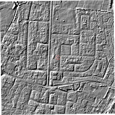Shaded relief map of the ground around TA64HZ, computed from Environment Agency LiDAR. The ground here sits at about 6 m above sea level and falls 3 m across the surrounding 800 m. Surface water reaching this point runs off ground lying to the north-north-east, 0.9 m higher.