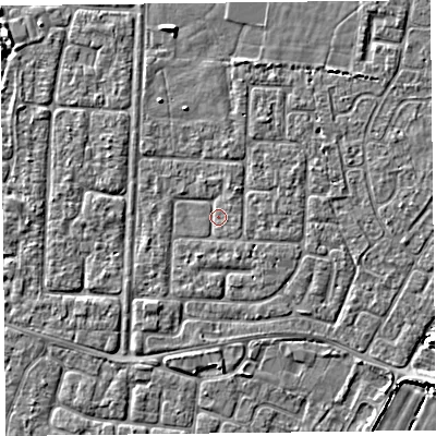 Shaded relief map of the ground around TA64JA, computed from Environment Agency LiDAR. The ground here sits at about 6 m above sea level and falls 4 m across the surrounding 800 m. Surface water reaching this point runs off ground lying to the south-south-east, 0.8 m higher.