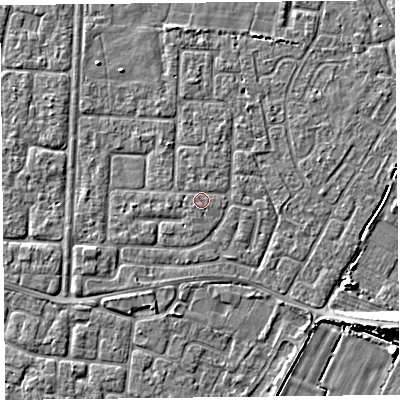 Shaded relief map of the ground around TA64JB, computed from Environment Agency LiDAR. The ground here sits at about 6 m above sea level and falls 6 m across the surrounding 800 m. Surface water reaching this point runs off ground lying to the west, 1.0 m higher.