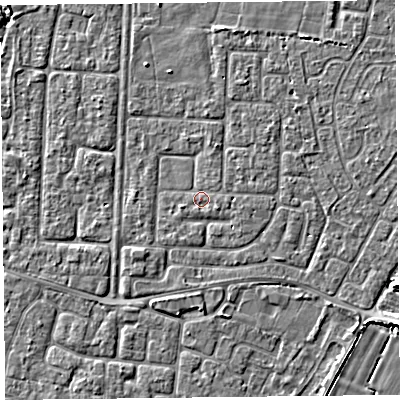Shaded relief map of the ground around TA64JD, computed from Environment Agency LiDAR. The ground here sits at about 6 m above sea level and falls 4 m across the surrounding 800 m. Surface water reaching this point runs off ground lying to the east-south-east, 0.7 m higher.